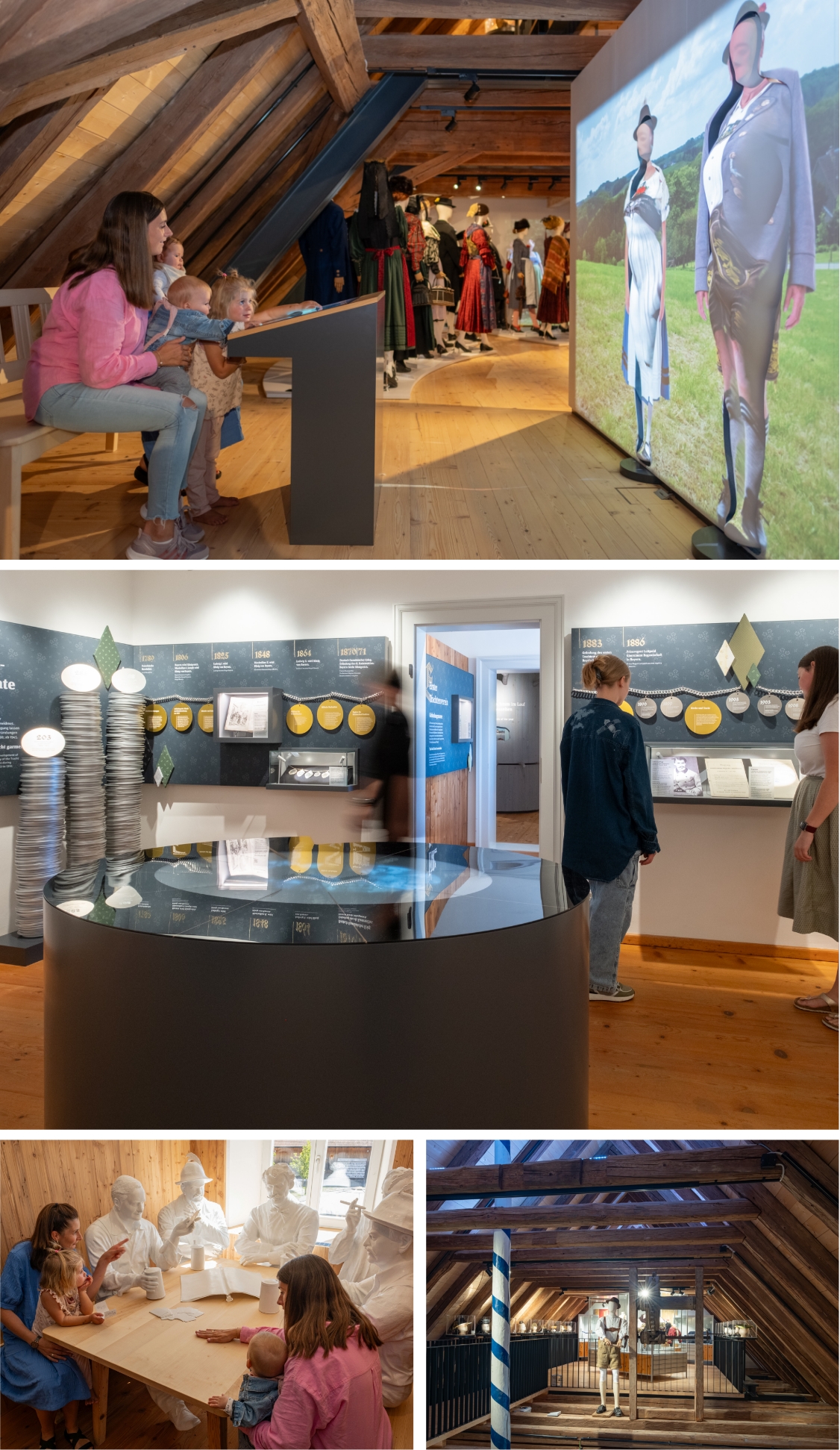 Am Tracht-O-Meter wählt der Besucher Regionen aus und bekommt die zugehörige Tracht auf Figuren projiziert zur Ansicht. Die Hintergründe passen sich der jeweiligen Region an und zeigen typische Leidenschaft oder Ortsansichten. Die Figuren lassen sich mittels Fernsteuerung drehen, so dass eine Rundumansicht der ausgewählten Tracht möglich wird. Im "Gründungskammerl" herrscht Wirtshausatmosphäre. Man setzt sich zu den Gründern des Trachtenverbandes und hört ihren Erzählungen zu.